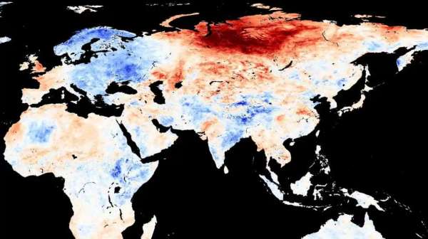 Temperatuur wereldkaart voor mei 2020, Siberië in rood